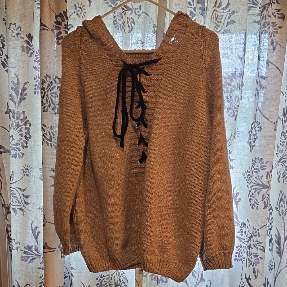 Brown Cowl Neck Sweater with Lace-Up Detail
